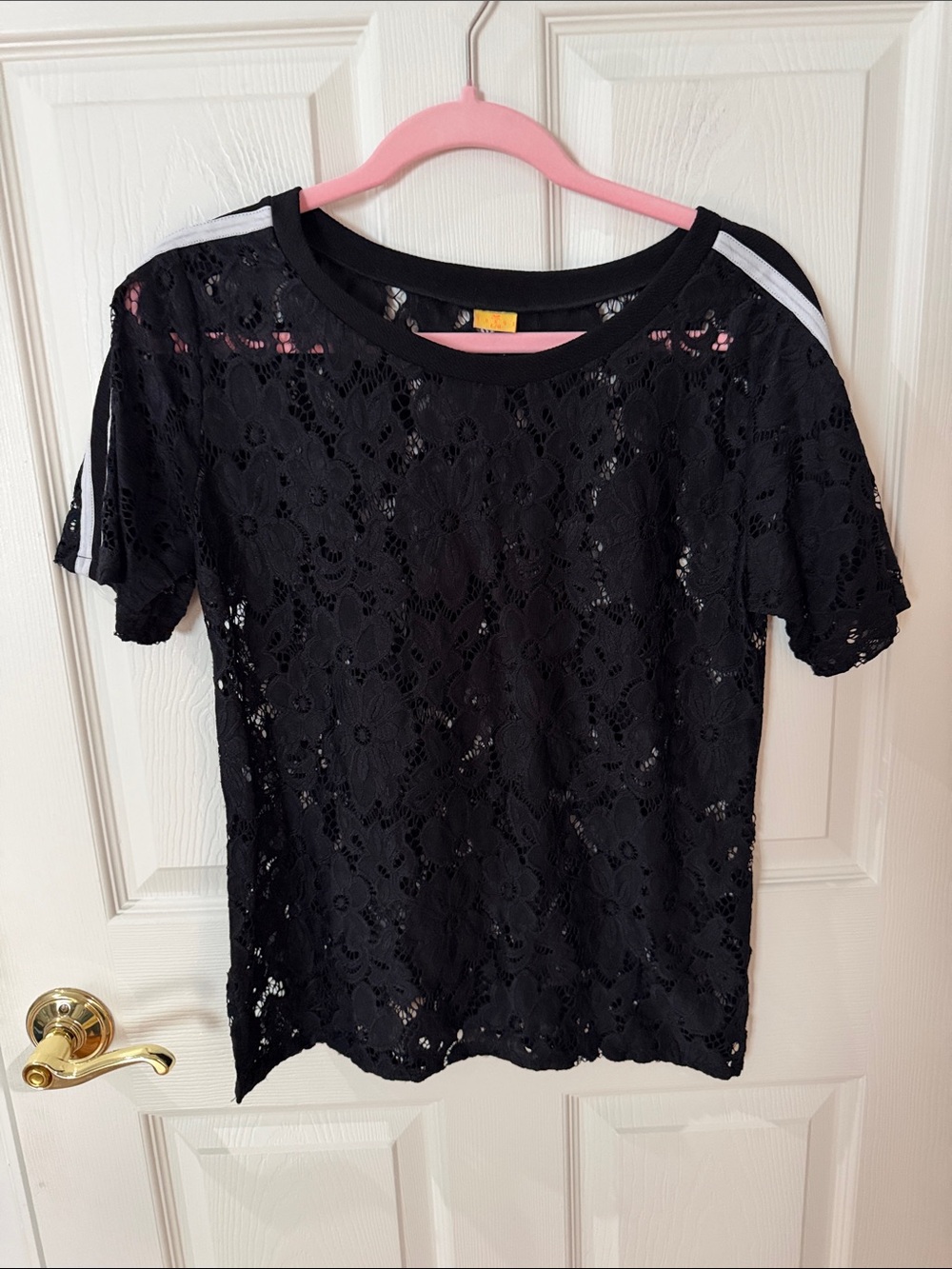 Kukui Black Lace Short-Sleeve Top with White Shoulder Stripes large